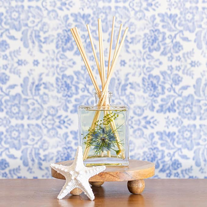 Rosy Rings Sea Salt Mist Accent Diffuser, Single Piece, 4 oz Last 4-6 Months Small Glass Reed with Floral Embedded Flowers Coastal Aroma, Bathroom Bedroom Livingroom Spa Decor Luxury Gift