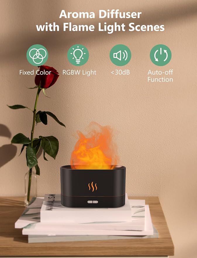PIZAY Essential Oil Diffuser, Air Humidifier with Flame Led Light - 7 Colors, 180mL Capacity (8 Hours), Noiseless Operation, Auto-Off Protection - Perfect for Home Bedroom Office Gifts(Black)