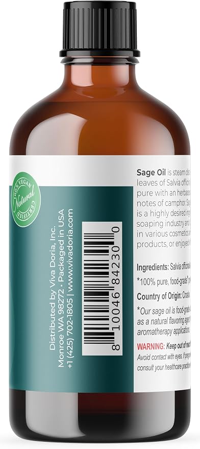 Viva Doria Sage Essential Oil, 100% Pure, Natural, Dalmatian Sage Essential Oil, Undiluted, for Aromatherapy | Food Grade, 118 mL (4 Fluid Ounce)