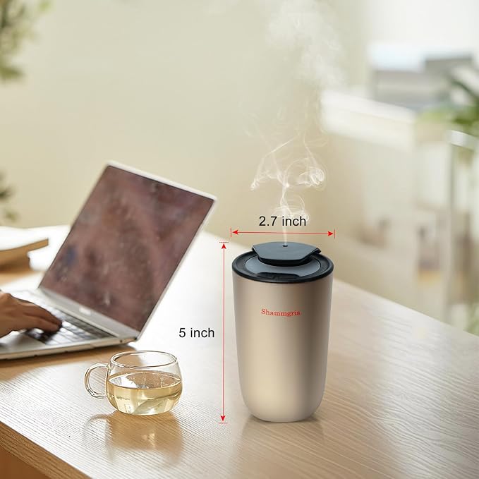 Car Air Diffuser Essential Oil Aromatherapy Scent Diffuser with 3 Mist Levels & LED Lights for Car, Room, Studio, Office- Champagne