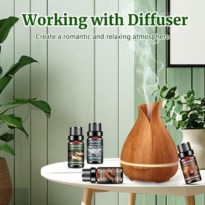 Wood Essential Oils Set, Woody Scent Fragrance Oil Kit, Aromatherapy Oils for Diffusers (6 * 10ML), Sandalwood &Vanilla, Forested Fir,Palo Santo&Mahogany,Cedar & Amber, Oud &Balsam,Hickory&Suede