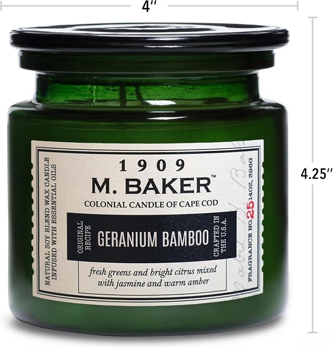 Colonial Candle Geranium Bamboo Scented Candle, 2-Wick Natural Soy Blend Wax Candle Infused with Essential Oils, 14 oz Apothecary Glass Jar Candle - Made in The USA