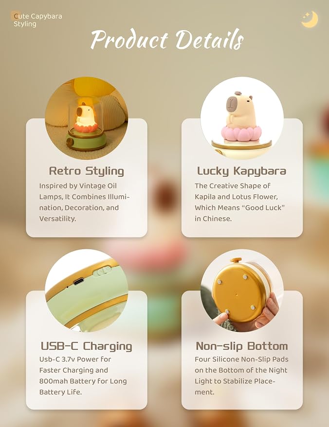 WANIDEA Lucky Capybara Night Light, Cute Lamp and Cozy Lighting,Rotate to Adjust Brightness,Rechargeable Night Light for Kids,Capybara Gift,Cute Stuff Gifts for Children,Lucky Capybara Bring Good Luck