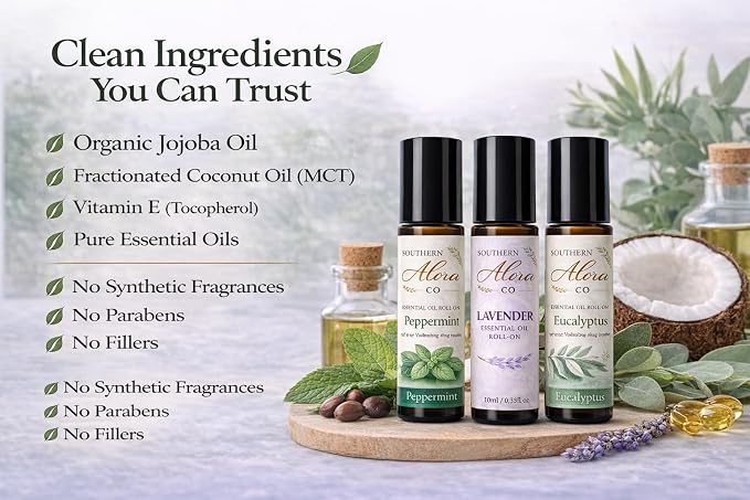 Southern Alora Essential Oils Roll On Set – Peppermint, Lavender & Eucalyptus Aromatherapy for Relaxation and Stress Support – Travel Size Essential Oil Roller, Self Care Gifts for Women