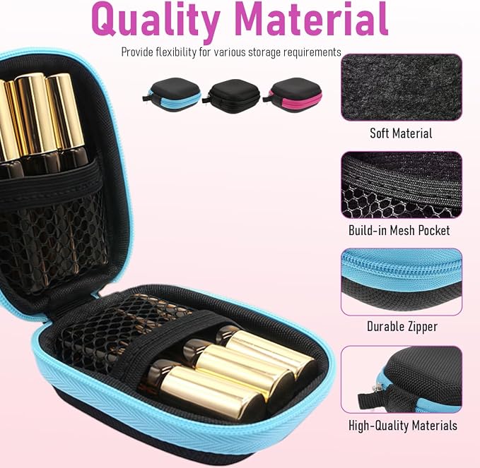 3 Pack Mini Essential Oil Case with Carabiner (1 per Case), Empty Travel Holder for 1-5ml Roller Bottles, Shockproof EVA Hard Shell Storage Bag, 3 Colors Random
