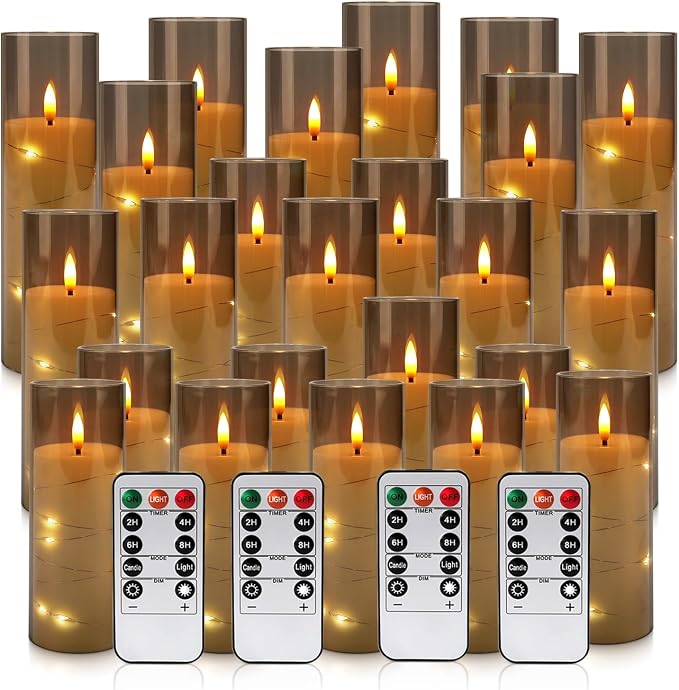 24-Pack Gray Flameless Candles with Remote Control, Battery-Powered LED Candles with Embedded Star String Lights & Realistic Flickering Flame. with Timer for Christmas, Home, Wedding, Fireplace Mantle