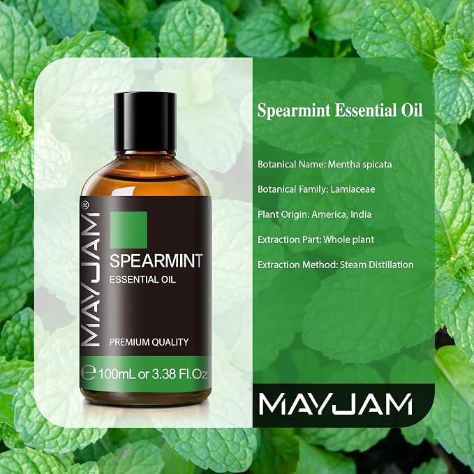Spearmint Essential Oil, MAYJAM Pure Essential Oils for Diffusers, 3.38FL.OZ/100ML Large Volume Spearmint Oil for Facial Hair with Premium Glass Dropper