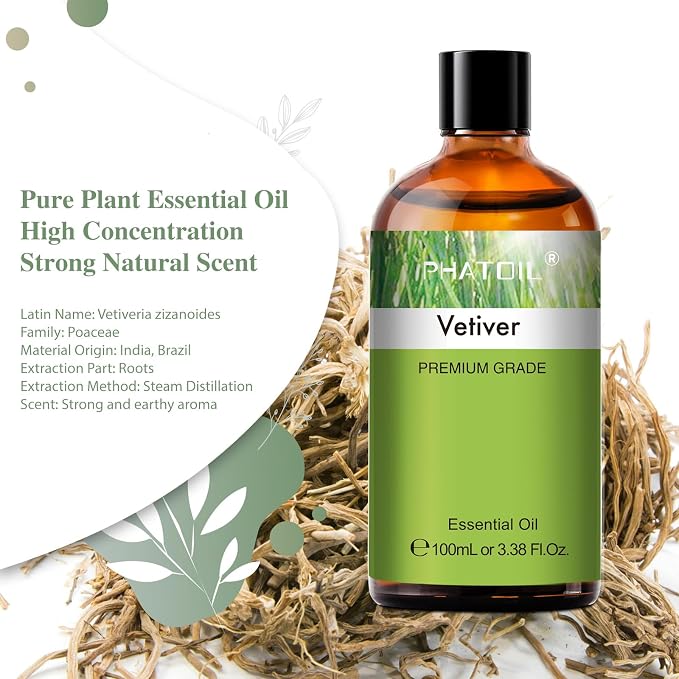 Vetiver 3.38fl.oz Essential Oil, PHATOIL Pure Aromatherapy Oils for Diffuser, Humidifier, Perfect for DIY Soap, Candle, Bath Bombs Making(100ml)