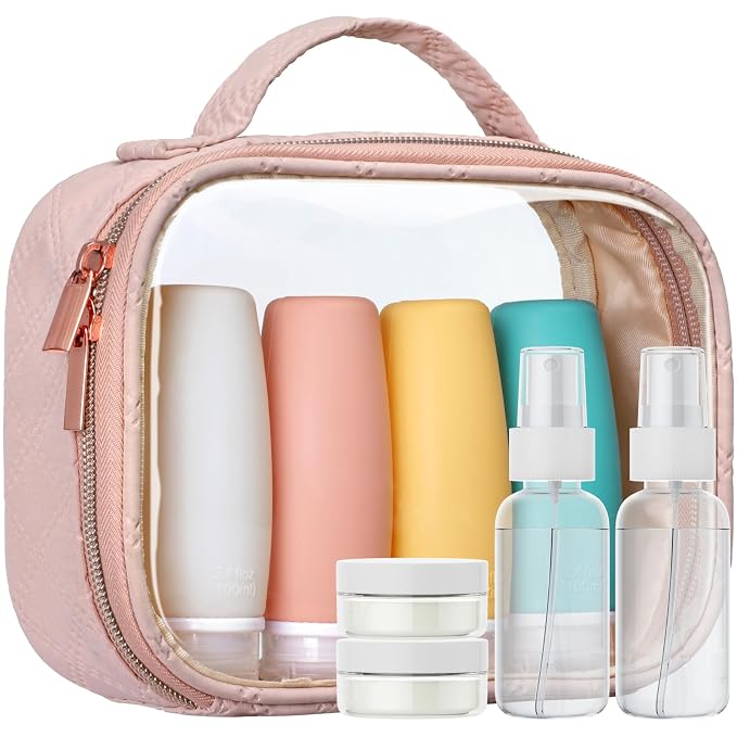 PACKISM TSA Approved Toiletry Bag Set with Bottles, 8 Pack Leakproof 3.4oz Silicone Travel Containers, BPA Free Squeezable Travel Bottles for Shampoo & Lotion, Pink