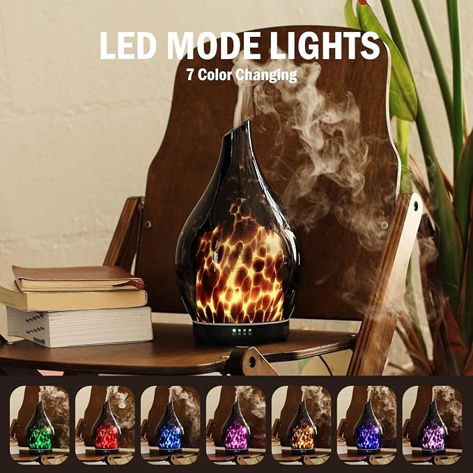 Porseme 280ml Essential Oil Diffuser Hand-Blown Glass Aroma Diffusor, Aromatherapy Unltrasonic Cool Mist deffuser, 7 Color Changing, Waterless Shut-Off, Timer Function for Home Office(Lava)