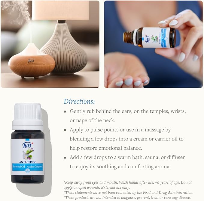Swiss Just Stress Relief, Anti-Stress Activator Essential Oil 10ml. A Specific & Balanced Blend of 15 Natural Essential Oils. with Basil & Lavender Extract, 10 ml