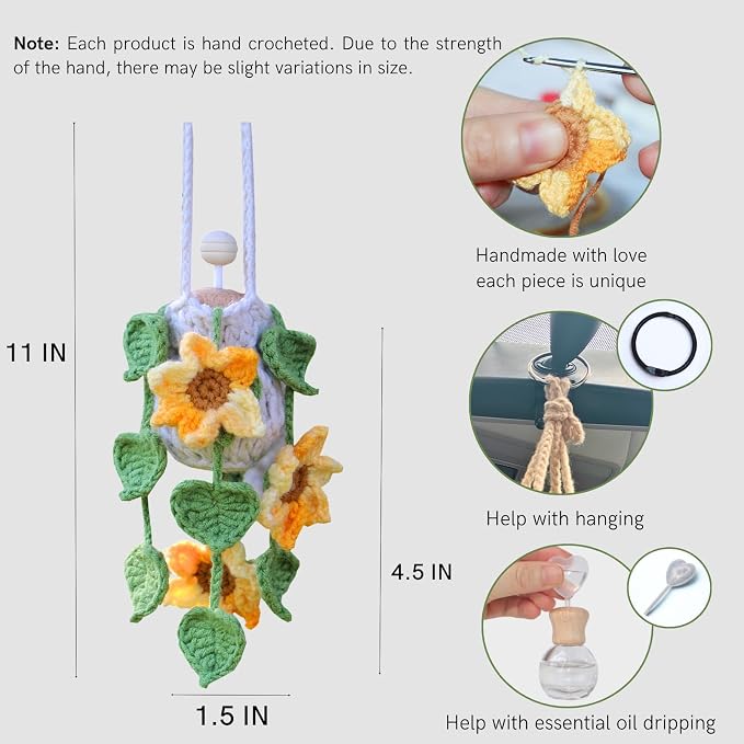 ROFIGL Handmade Crochet Hanging Car Air Freshener - Sunny Sunflower Design, 12ml Refillable Thick Glass Bottle, Car Diffuser for Rearview Mirror, Home & Office Cheerful Decor