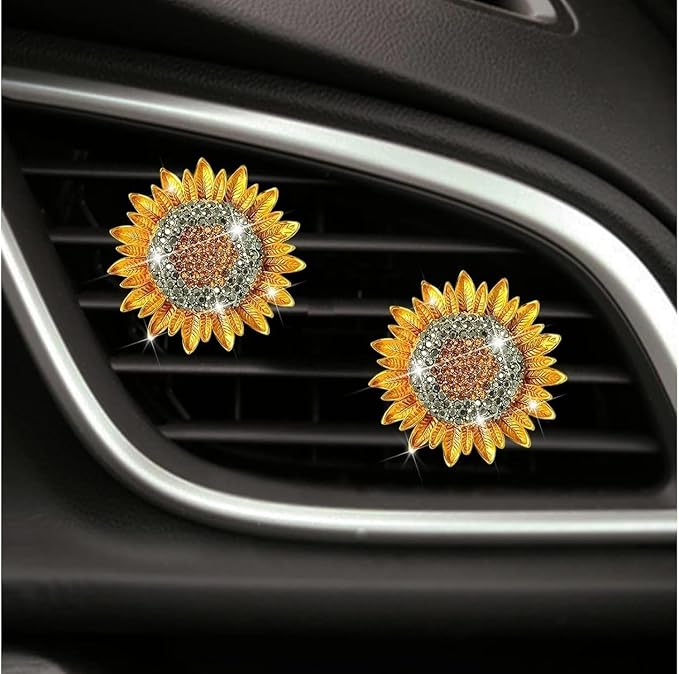 4Pcs Bling Sunflower Air Vent Clips, Golden Car Air Fresheners Diffuser, Diamond Decoration Rhinestone Interior Decor Cute Accessories