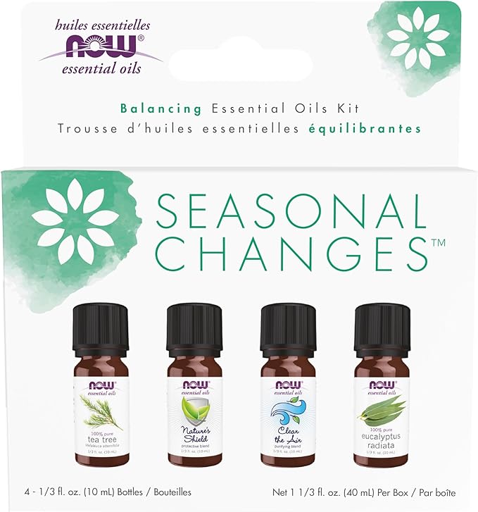 NOW Essential Oils, Seasonal Changes Balancing Aromatherapy Kit, 4x10ml Including Tea Tree, Eucalyptus Radiata, Clear the Air and Nature’s Shield Oil Blend With Child Resistant Caps