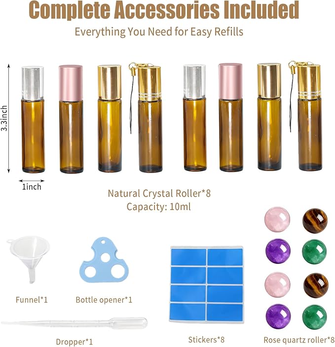 8 Pack 4 Types Roller Bottles for Essential Oils, 10ml Refillable Amber Glass Roll On Bottles with Natural Crystal Roller Balls, Leak-Proof Travel Perfume Bottle with exquisite Caps