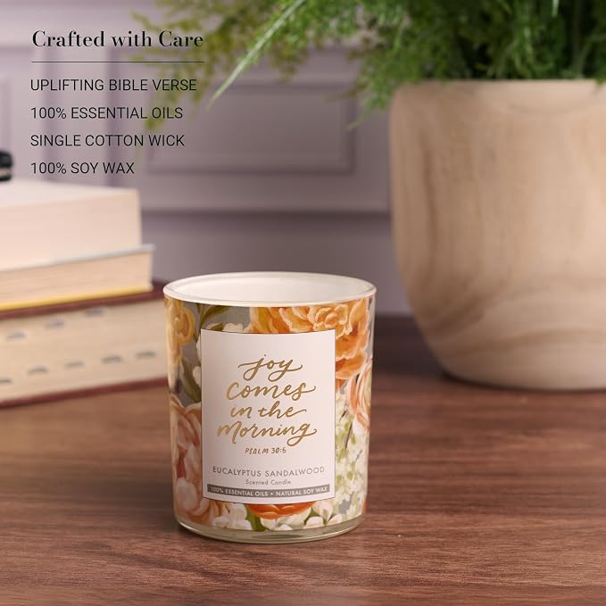 Christian Art Gifts Soy Wax Scented Candle: Eucalyptus Sandalwood Scent, Joy Comes in the Morning Bible Verse, Pure Essential Oil, 4.5oz, 20 Hours Burn Time, Glass Jar w/Bamboo Lid, Encouragement Gift