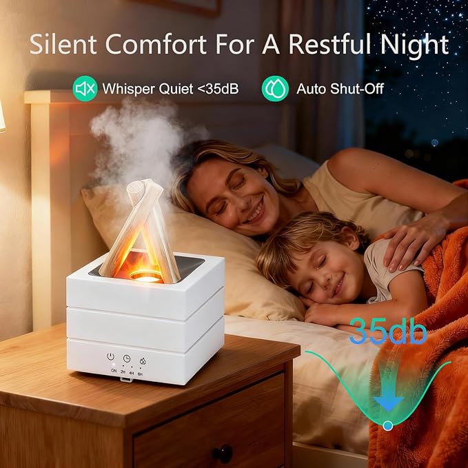 Campfire Flame Essential Oil Diffuser, 280ml Ultrasonic Cool Mist Aromatherapy Humidifier with Remote Control, 7-Color LED Lights, Timer & Auto-Off for Home, Office & Bedroom (White)
