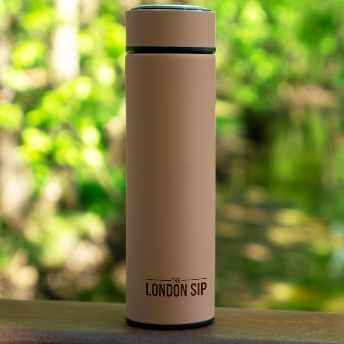 The London Sip 16.9 oz Multi-Purpose Tea Infuser Mug – Fruit Infuser Water Bottle for Hot and Cold – Double Wall Stainless Steel Insulated, Mocha Brown