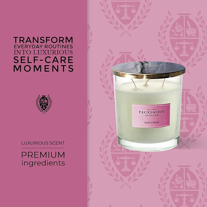 Pecksniffs White Scented Candle | Rose & Peony Fragrance Candles for Home Scented | Elegant Glass Vessel with Metal Lid | 3 Wicks Luxury Candles, 550g/19.4oz