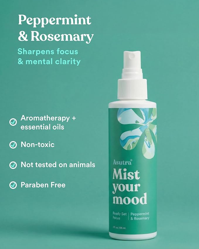 ASUTRA Multi-Use Essential Oil Aromatherapy Spray (Peppermint & Rosemary), 4 fl oz – Mist for Face, Body, Rooms & Linens – Car, Fabric, and Bathroom Freshener
