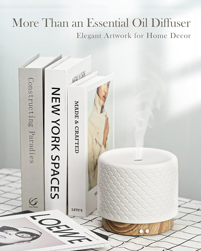 Essential Oil Diffuser - 280ml Ceramic Diffuser for Large Room & Commercial Use, 2.4MHz Aromatherapy Diffuser with Cool Mist Humidifier & Night Light, Ideal for Bedroom, Office, Yoga, Spa, Gifts