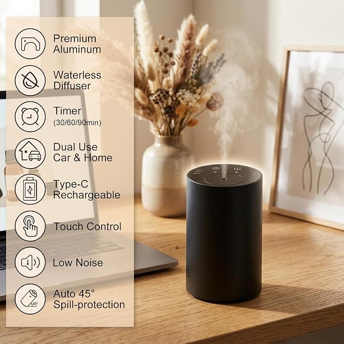 Homease Waterless Essential Oil Diffuser, Portable Cordless Aromatherapy with 3 Timers & Mist Levels, Rechargeable for Home Car Office, Premium Metal Black