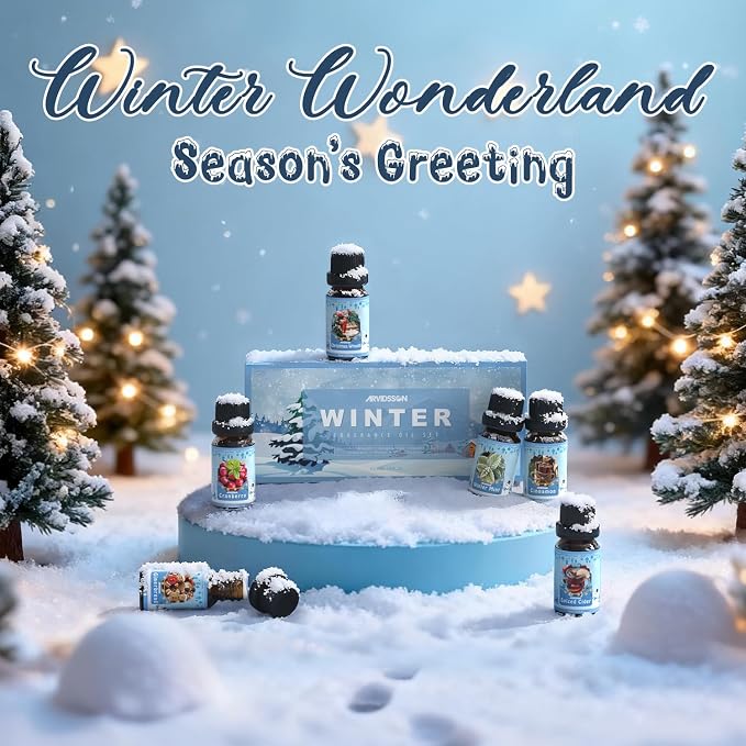 ARVIDSSON Winter Essential Oils Set, Holiday Fragrance Oil for Diffuser， Candle Making - Cinnamon, Christmas Wreath, Apple Cider, Gingerbread, Cranberry, Winter Mint Scented Oils for Home