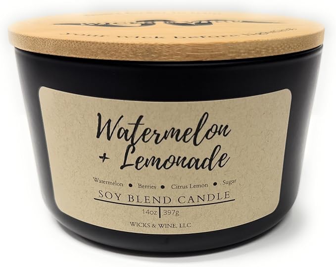 Wicks & Wine Soy Blend 3-Wick Cotton CORE Candle 14oz (Watermelon Lemonade)