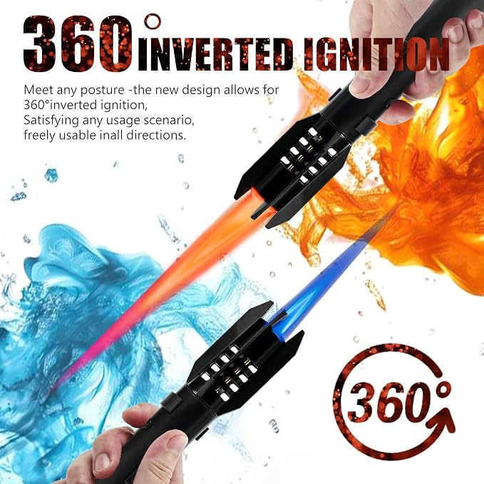 Camping Torch Lighter, Bright Fire Windproof Butane Refillable Straight Flame Lighter with Safety Lock and Adjustable Red Blue Flame for Outdoor Campfires BBQ Baking Kitchen Candles (Silver)
