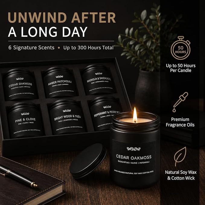 6 Pack Candles for Home Scented Aromatherapy Candles Gifts Set for Men, Men Candle Set, 42 oz 300 Hour Long Lasting Candles, Gifts for Mens Birthday Fathers Day Anniversary Present