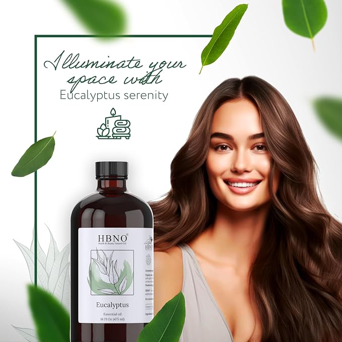 HBNO Eucalyptus Oil - 16 oz (475ml) Large Size - Ideal for Shampoos, Conditioners, Mouth Washes, Face wash, Lotions, and Skin Care Products.