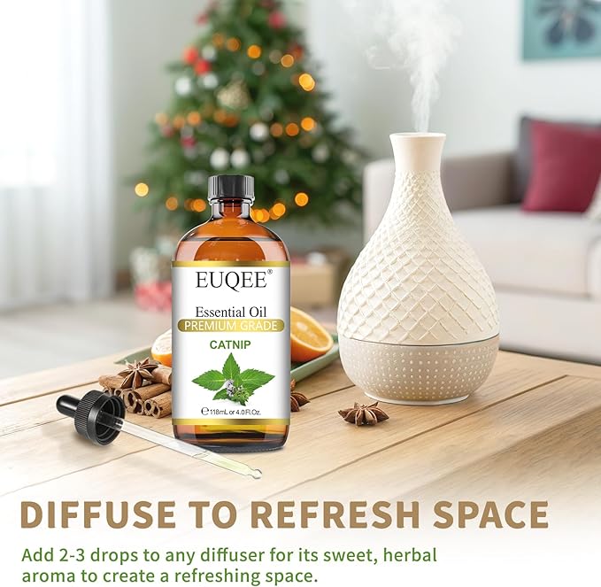EUQEE 118ML Catnip Essential Oil, Fresh Herbal Aroma Catnip Essential Oil with Glass Dropper Great for Air Refresher, Massage, Diffuser, DIY Soap, Candle Making, Aromatherapy, Sleep