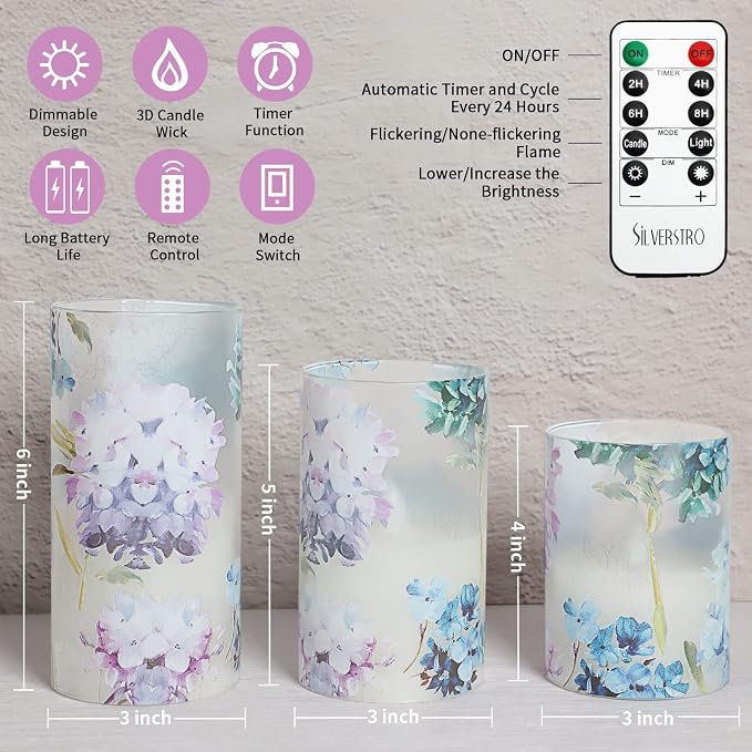 Hydrangea Flameless Candles with Remote Blinks Glass Real Wax LED Candles - Home Party Wedding Romantic Love Theme Summer Holiday Decor - Set of 3
