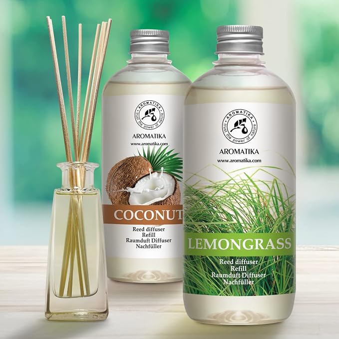 Lemongrass Reed Diffuser Refill & Reed Diffuser Refill Coconut - 2 x 17 Fl Oz - Fresh & Long Lasting Fragrance - Reed Diffuser Oil Refill for Aromatherapy - Home - Office - Restaurant