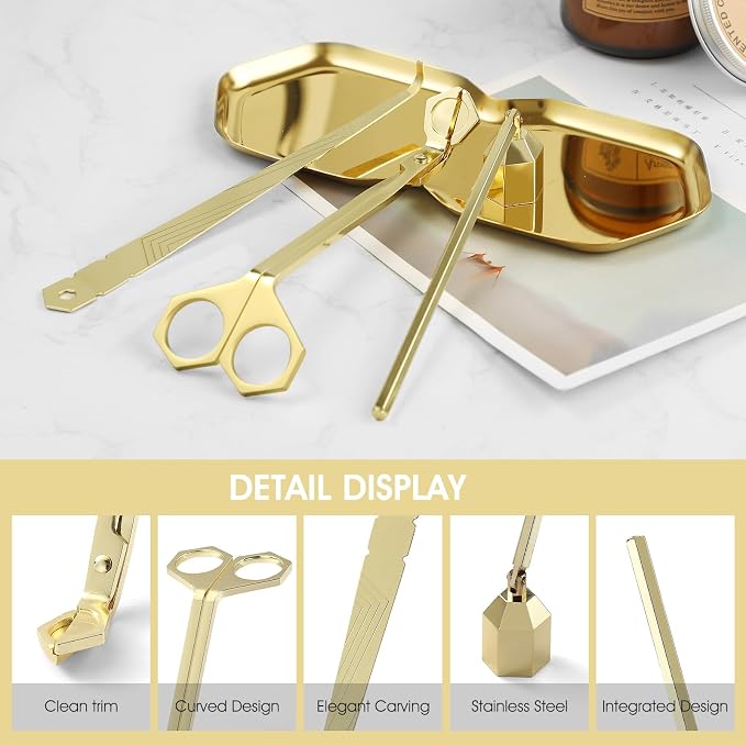 PATOISE 3-in-1 Candle Snuffer Set, Candle Wick Trimmer, Candle Accessory, Wick Spoon, Stainless Steel for Candle Lovers(Gold)