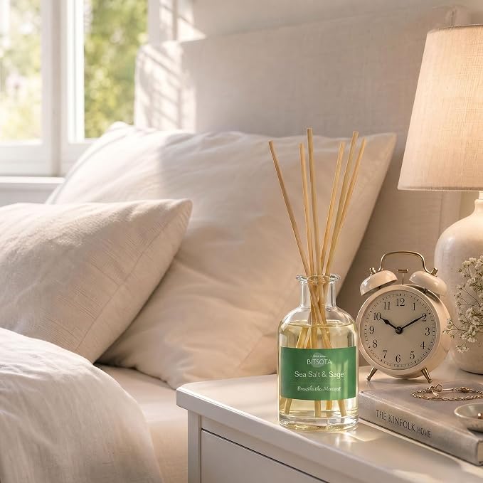 Natural Reed Diffuser Set, Sea Salt & Sage 3.52 oz (100ml) Scented Diffuser with Sticks Home Fragrance Reed Diffuser for Bathroom Shelf Decor, Ideal Gift for Woman