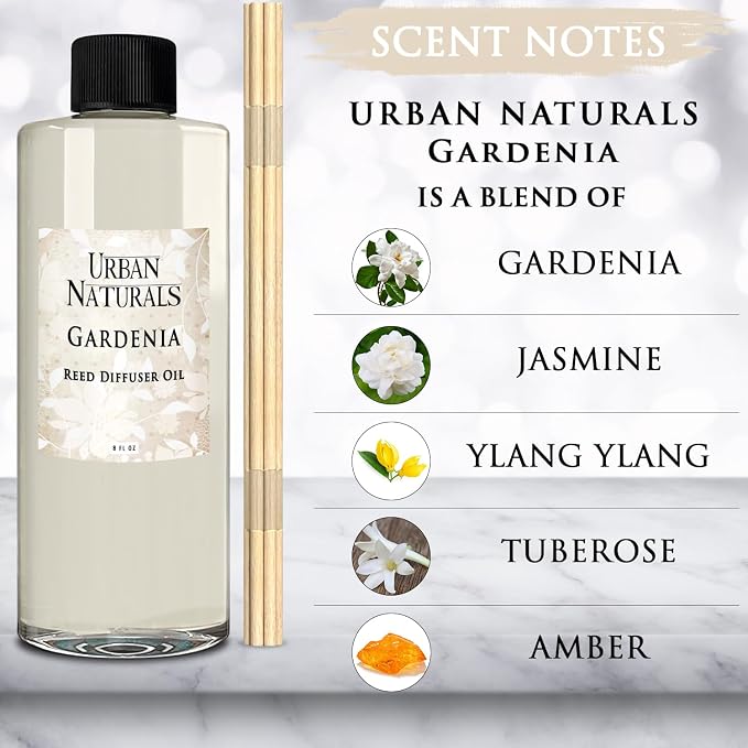 Urban Naturals Reed Diffuser Oil Refill Gardenia with Jasmine, Ylang Ylang, Tuberose, Amber 8 oz + Free Reed Sticks, Made in the USA