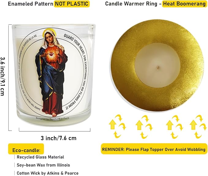 Immaculate Heart of Mary Devotional Candle 50 Hours with Warmer Ring│Hand-Poured Soy Wax│Sinless, Pure, and All‑Loving Heart, Faith, Hope, and Charity, Mother of The Church│Design in Paris│3“×3.6”