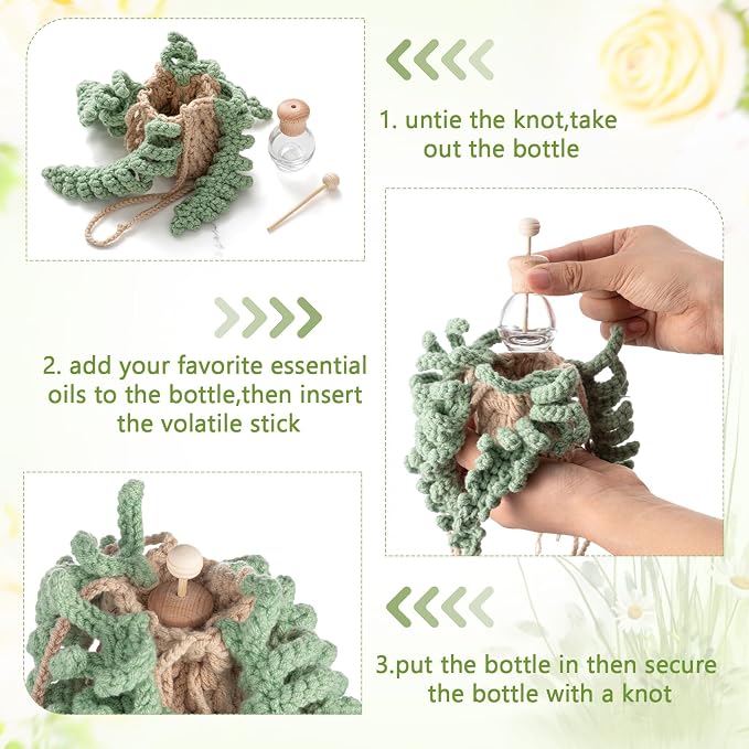 DaisyInner Cute Crochet Plant Car Freshener 12ml Empty Refillable Diffuser Bottle with Plants Hanging Accessories for Ornaments Charms Rearview Mirror Home Office Decor Women Gifts(Fern)
