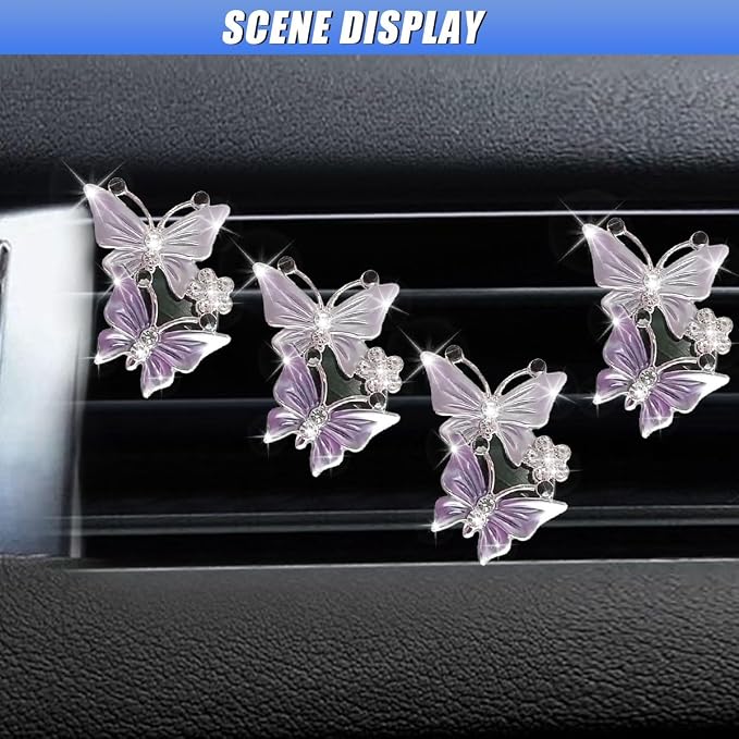 ZIMISI Car Vent Clip, Dual Butterfly Air Vent Clips, Bling Diamond Car Diffuser Clips, Cute Air Conditioning Outlet Decoration, Butterfly Car Accessories for Women (4Pcs/Purple)