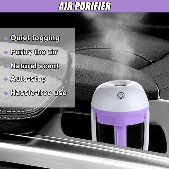 Car Humidifier, Portable Mini Aromatherapy Essential Oil Diffuser, 180-Degree Rotation Cool Mist Humidifier, Vehicle Air Freshener Diffuser with 12V Charging Port for Home Office (Purple)