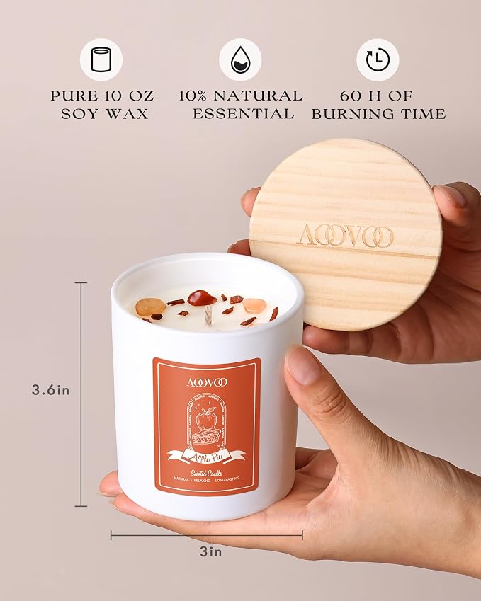 AOOVOO Apple Pie Scented Candles for Women - Aromatherapy Candle with Crystals Inside, 10oz Soy Candles for Home Scented, Birthday Gifts Valentines Day Candle for Women Mom