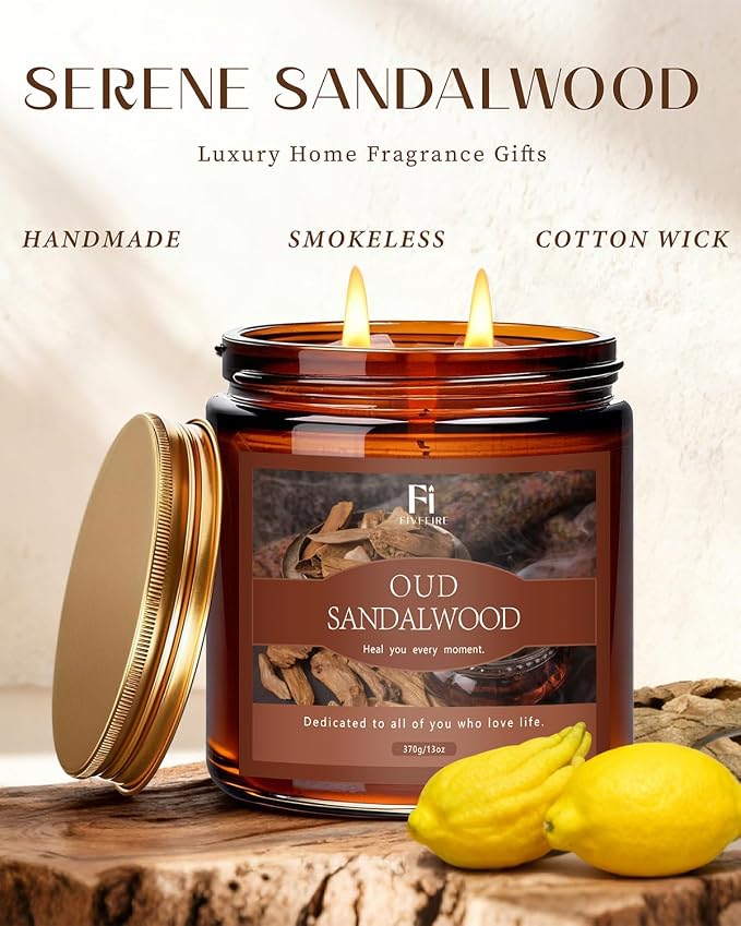 Oud & Sandalwood Scented Candle, 13 oz Soy Wax Candle with Cotton Wick, 76-Hour Clean Burning, Non-Toxic Woodsy Scent for Relaxation & Focus, Aromatherapy Candle, Housewarming Gift