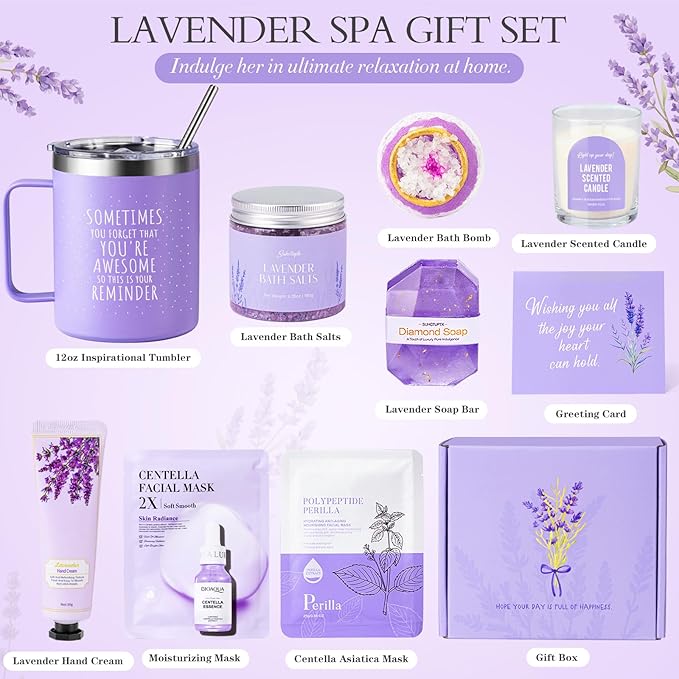 Mothers Day Gifts for Mom, 9pcs Happy Birthday Gifts for Women, Unique Birthday Relaxation Spa Gift Christmas Ideas Relaxing Lavender Set Self Care Gift Basket for Her Mom Sister Friend Teacher