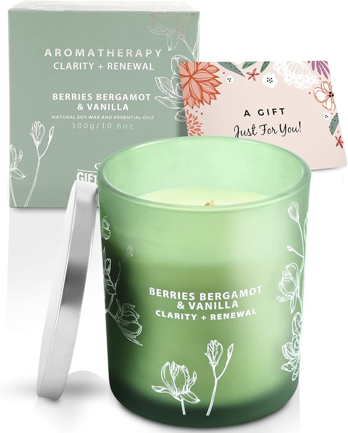 Berries Bergamot Vanilla Candle | 10.6oz Wood Wick Soy Scented Candle for Home | Aromatherapy Stress Relief Candle | Clean Burning, Long Lasting Candles | Self Care Gift for Women & Men