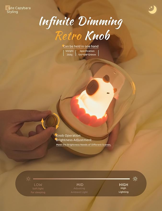 WANIDEA Lucky Capybara Night Light, Cute Rechargeable Lamp for Kids, Rotatable Brightness Adjustment, Lucky Capybara Gift (Yellow)