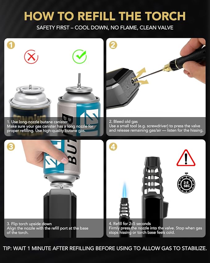 TBTeek Butane Torch Lighter 2 Pack, Adjustable Jet Flame Lighter, Refillable Blow Torch, Cooking Torch with Safety Lock for Kitchen, Baking, Candle, Camping, Black(Gas Not Included)
