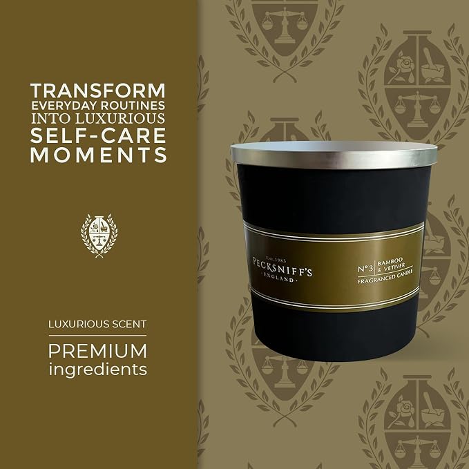 Pecksniffs Black Tall Bamboo and Vetiver Scented Candle | 3 Wicks, 283g/9.9oz