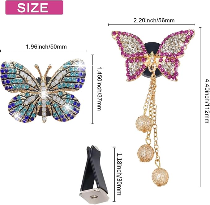 Bling Butterfly Air Vent Clips, 4 Pcs Crystal Pendant Fresheners, Diffuser Diamond Decoration, Cute Interior Decor Accessories for Women