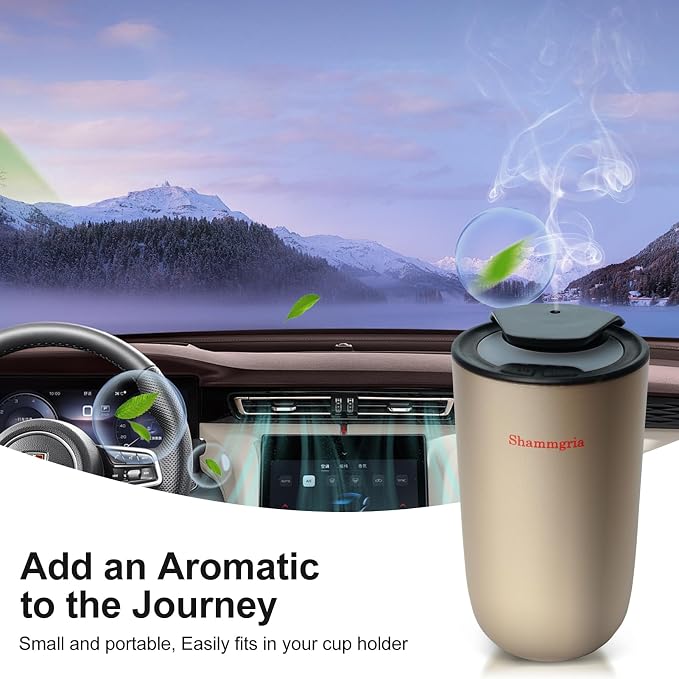 Car Air Diffuser Essential Oil Aromatherapy Scent Diffuser with 3 Mist Levels & LED Lights for Car, Room, Studio, Office- Champagne
